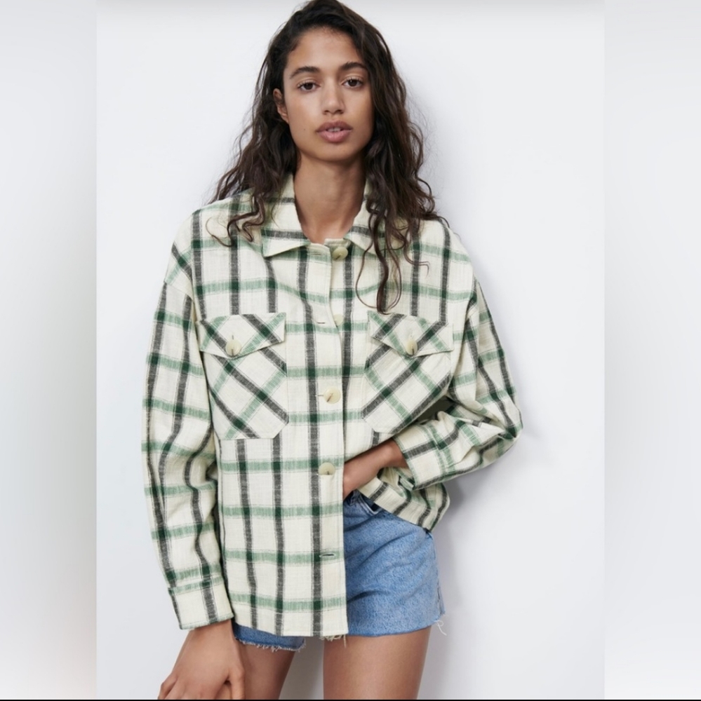 NWT Zara Green & White Plaid Shirt Jacket